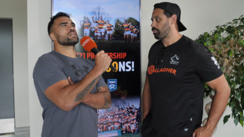 Video for &#039;How does it feel being stuck on 99?&#039; - Waikato coach Ross Filipo and Liam Messam share a few laughs