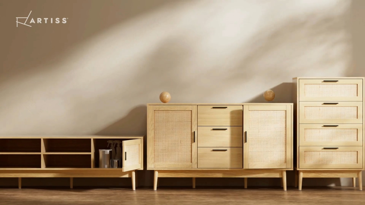 Chests of drawers with 6 drawers, rattan sideboards, high cabinets