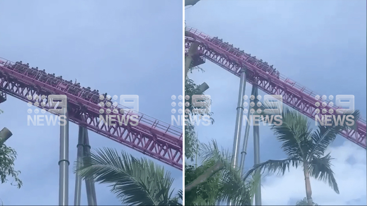 WATCH Rollercoaster becomes stuck mid ride at Movie World