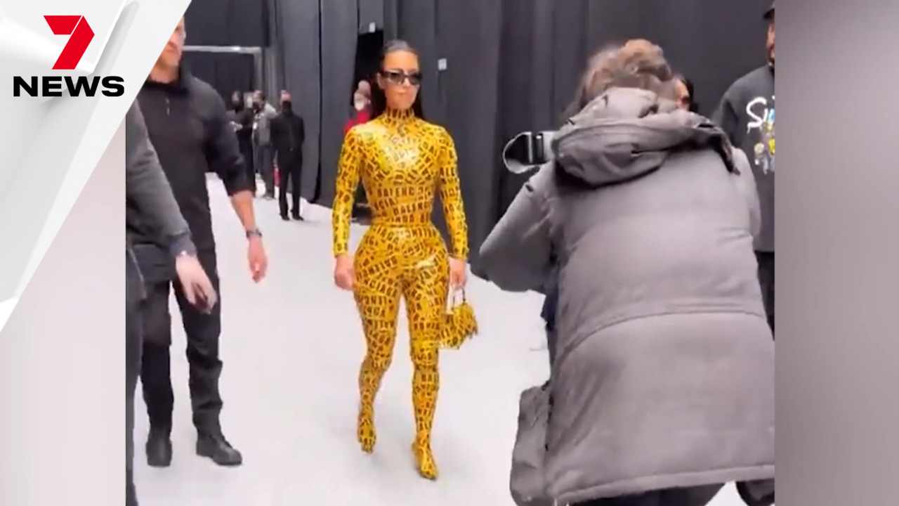 Kim Kardashian Custom Balenciaga Tape Outfit at PFW: Photos