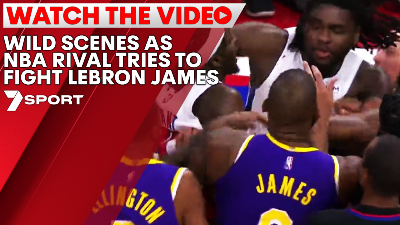 LeBron James chased by Isaiah Stewart as Lakers v Pistons descends into chaos with wild NBA brawl 7NEWS