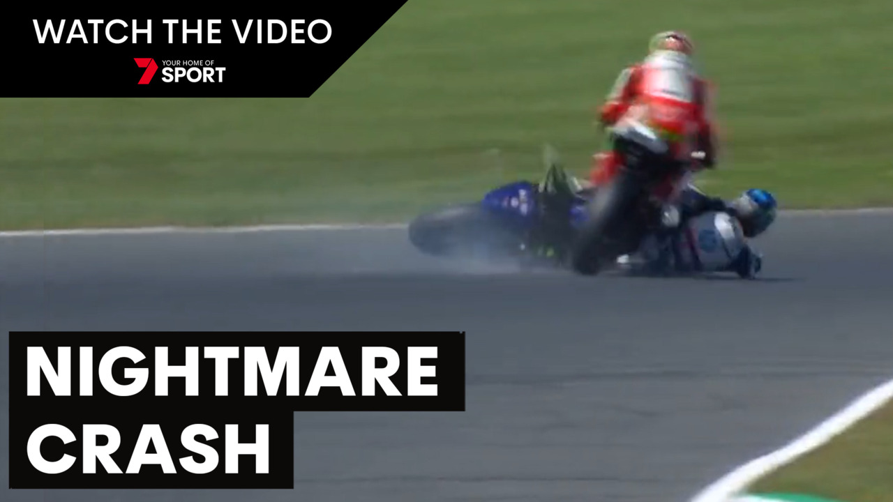Watch Moto2 crash video Jorge Navarro run over and left exposed as race continues without red flag 7NEWS