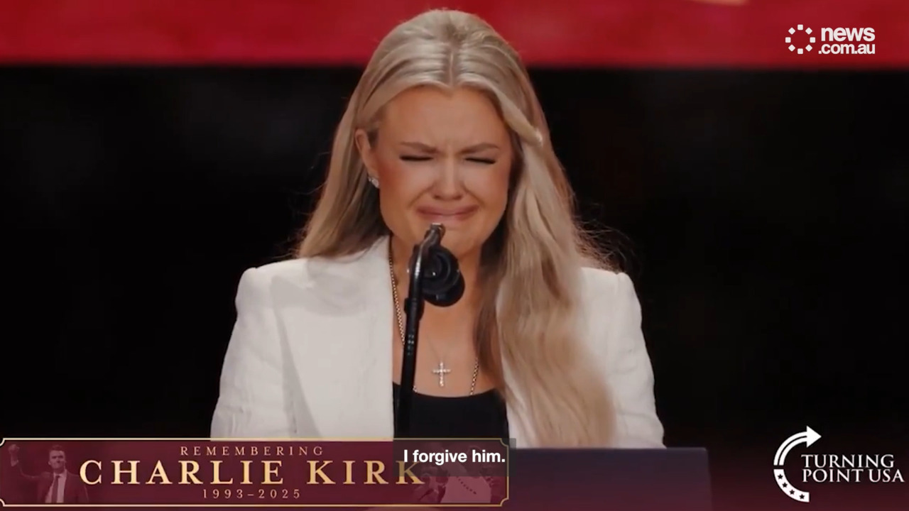 Charlie Kirk's memorial live updates: Erika Kirk's heartbreaking hand symbol alongside Donald Trump | news.com.au — Australia's leading news site for latest headlines