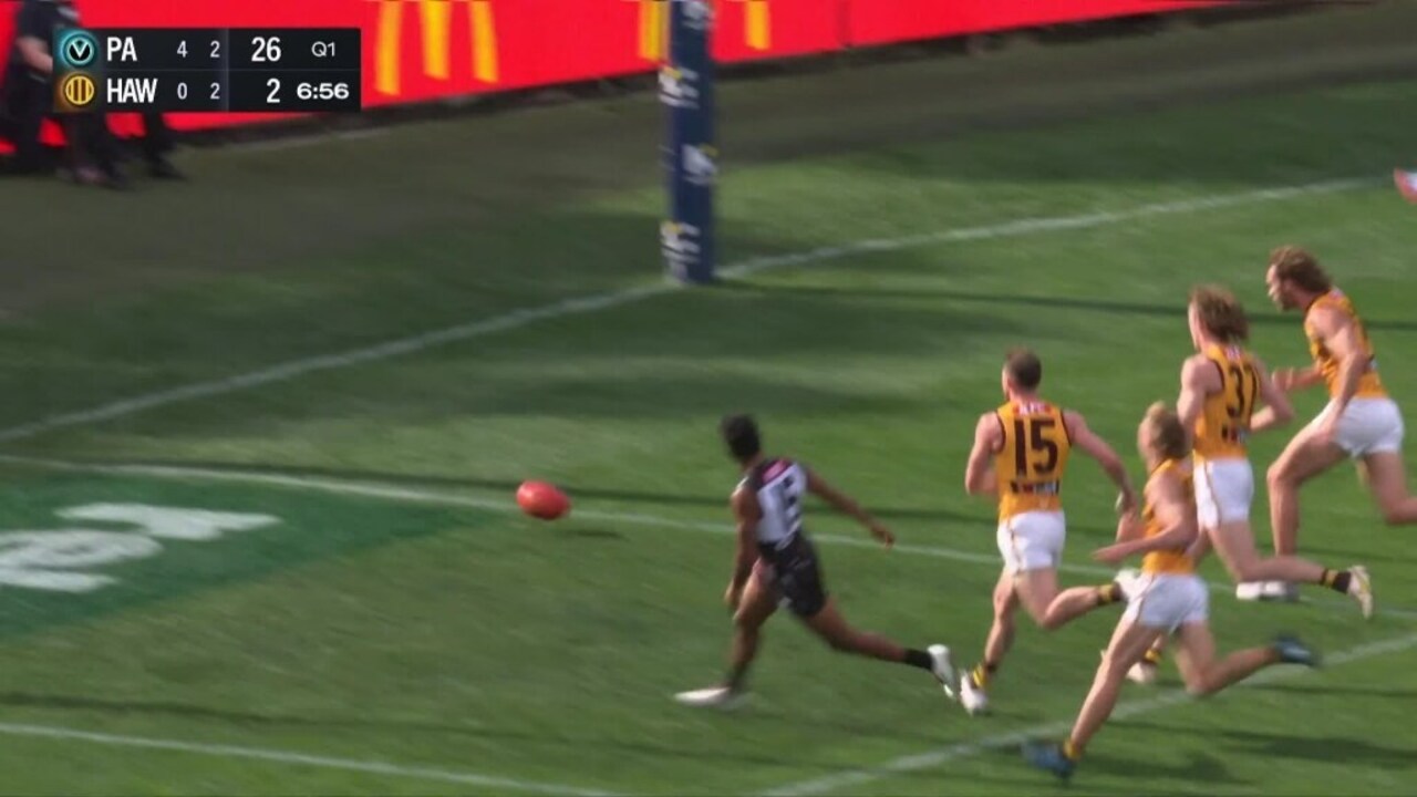 Adelaide, Australia. 03rd June, 2023. Junior Rioli of the Power snaps a  goal during the AFL Round 12 match between the Port Adelaide Power and the  Hawthorn Hawks at the Adelaide Oval